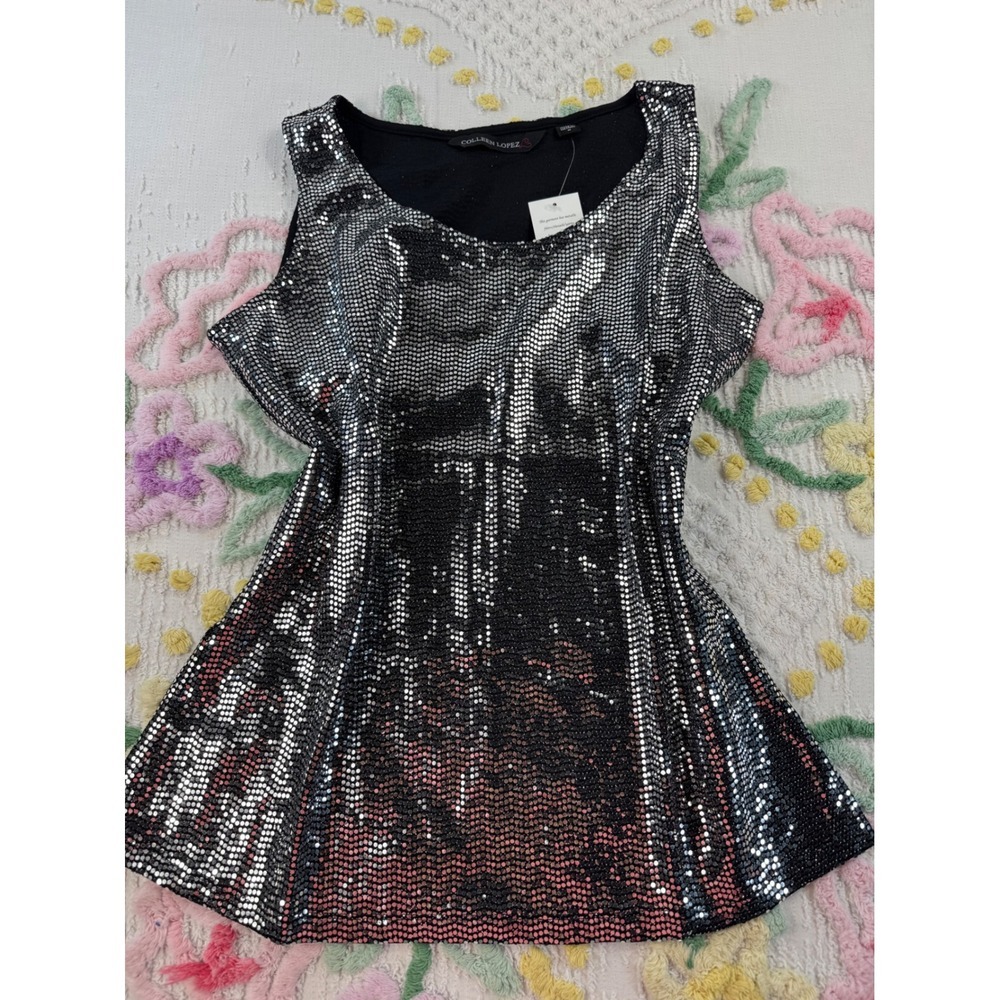 Colleen Lopez‎ Silver Metallic Sequin Sleeveless Top Scoop Neck Black Size M NEW